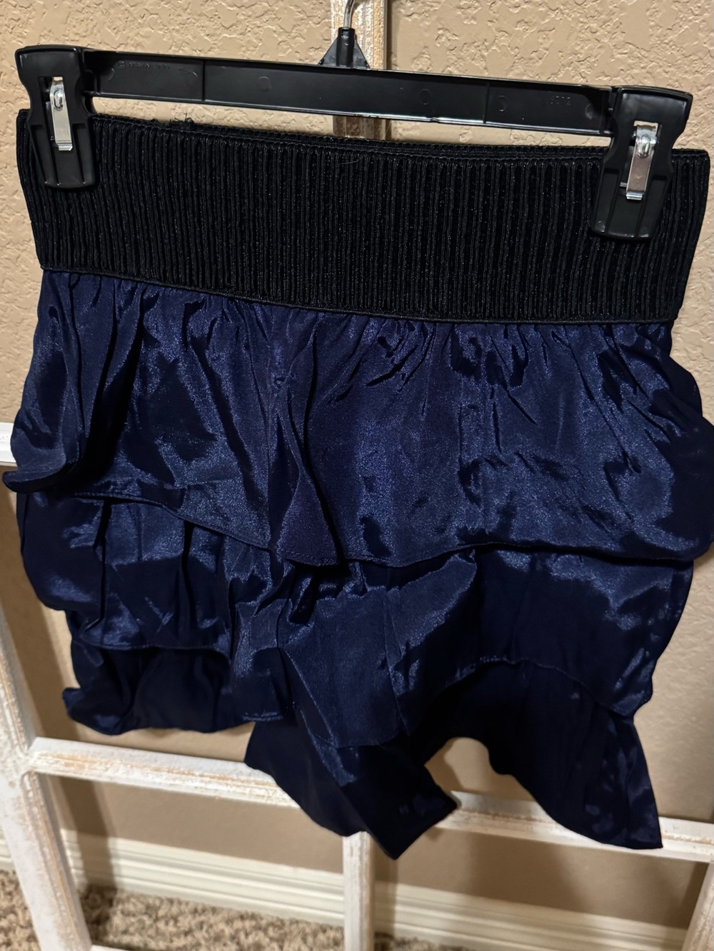 NWT Navy Blue Tiered Ruffles Satin Mini Skirt with Elastic Waistband; Sz S
